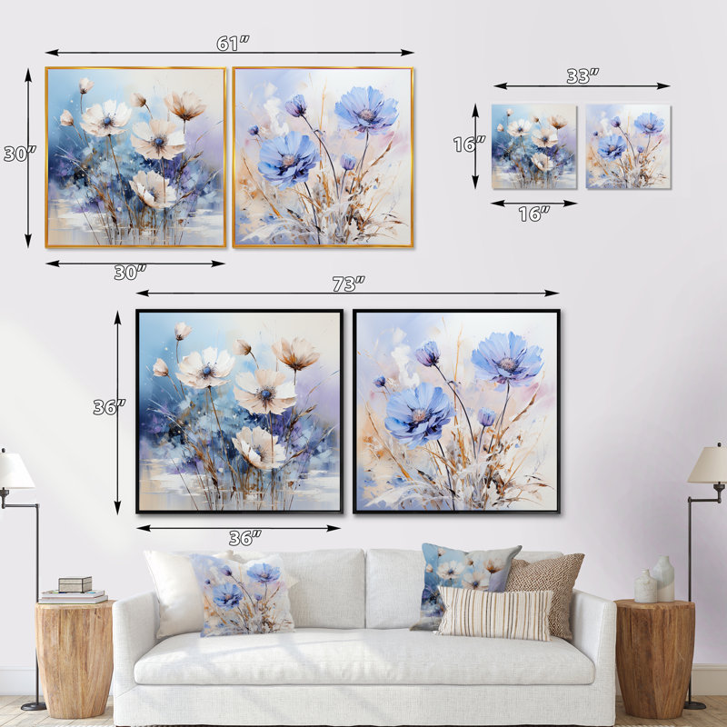 Charm bleu bleuet en hiver - ensemble de 2 carrés de fleurs bleues, Cadre flottant doré, H 30 po x l 61 po