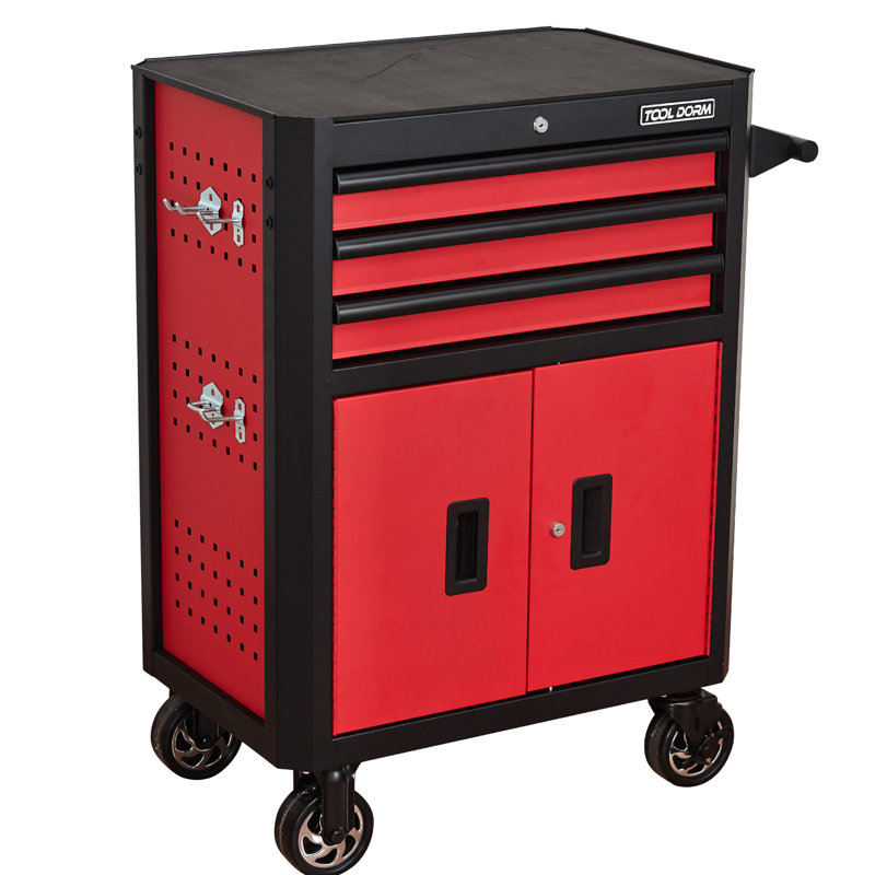 Coffre à outils 28 pouces à 3 tiroirs avec roulettes et verrous à clé, idéal pour le rangement dans un entrepôt noir et rouge, garage équipé