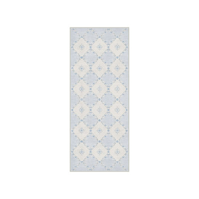 Machine Washable Trellis Blue / Ivory Hallway Runner With Non-Slip Backing