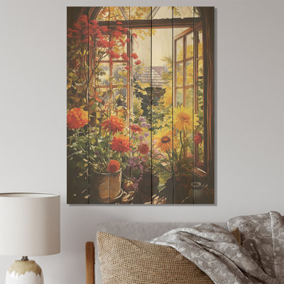 Fleurs d'été, vue de fenêtre à la ferme V - fenêtre florale sur bois