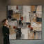 Extra Large Wall Art Fabric Print - Beige Black Grey and Rust Geometric Blocks for Living Room or Bedroom - "Frame Assembly Required (Unfinished Frame)"-135869492