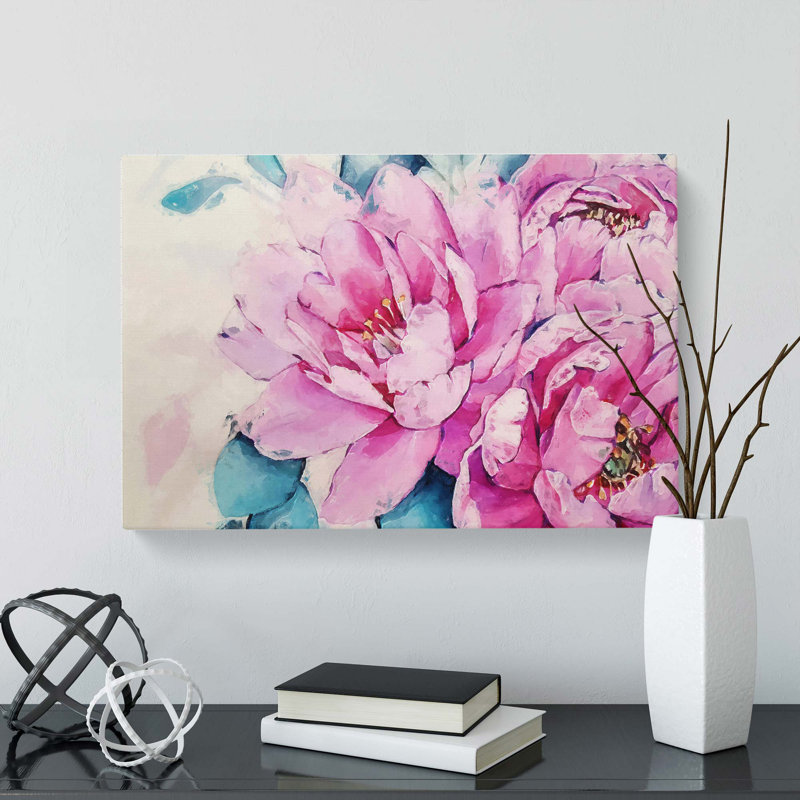 Watercolour Pink Peonies in Abstract - Wrapped Canvas Painting Print, 60cm H x 91cm W x 3cm D