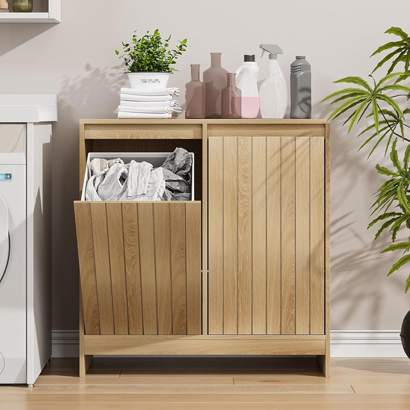 Armoire à linge double inclinable avec 2 paniers à linge cachés, armoire de rangement pour la salle de bain, la cuisine et le salon, naturel