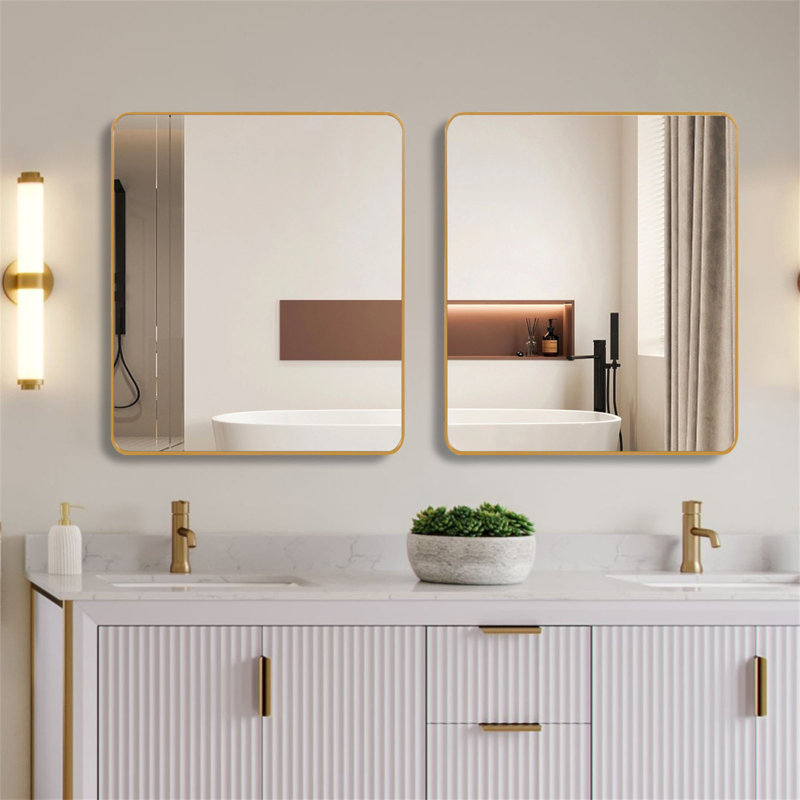 Miroir de salle de bain carré encadré en métal doré 36 po x 36 po., Doré, 36 po x 36 po