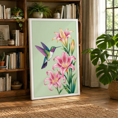 Hummingbird Among Lilies Botanical - Wrapped Canvas