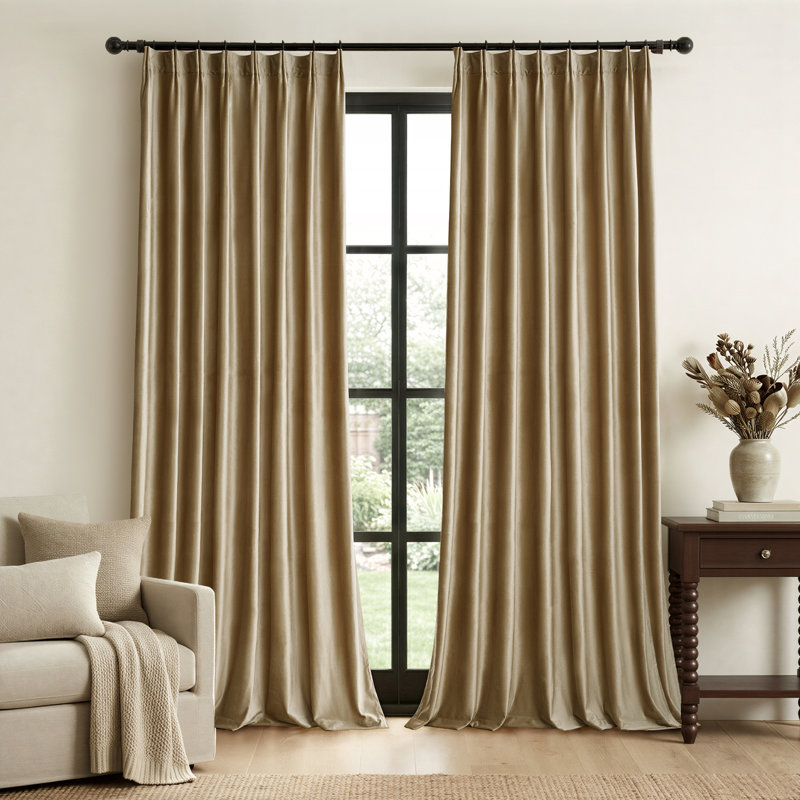 Luxury Pinch Pleated Velvet Blackout Curtains - Room Darkening 75%-85% Back Tab Drapes with Hooks+Rings (set of 2), Taupe