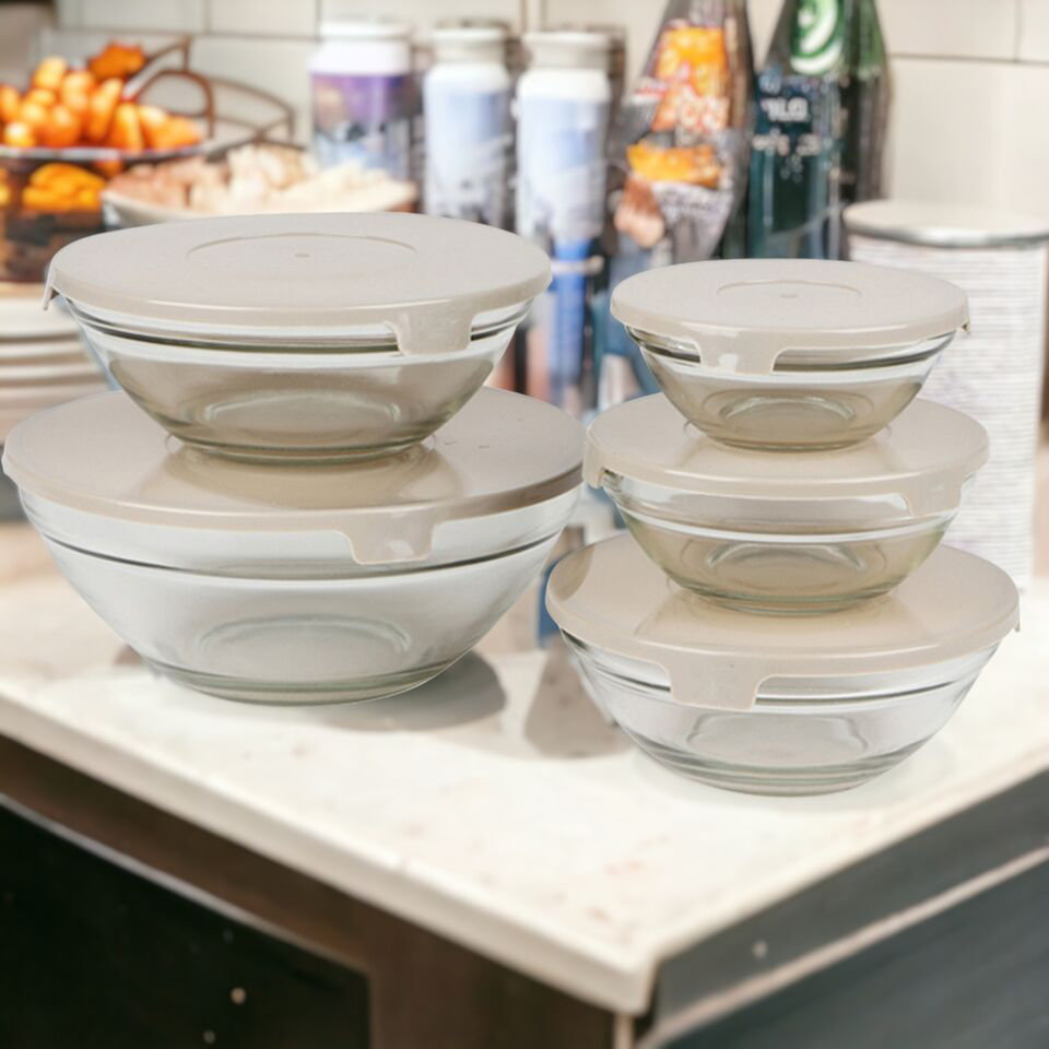 Set Of 5 Colourful High Quality Food Storage Glass Bowls With Easy Open Lids