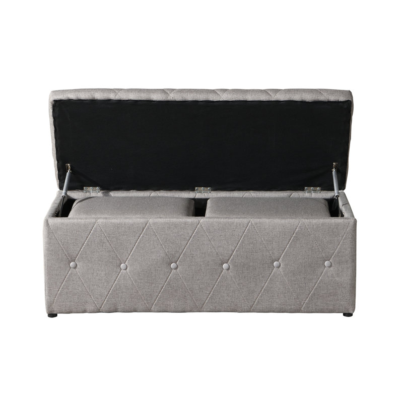 Meuble de rangement rectangulaire avec 2 poufs en lin beige, coussins confortables garnis de mousse, style moderne pour chambre, salon, balcon, gain de place, sièges supplémentaires pour les fêtes et réunions de famille.