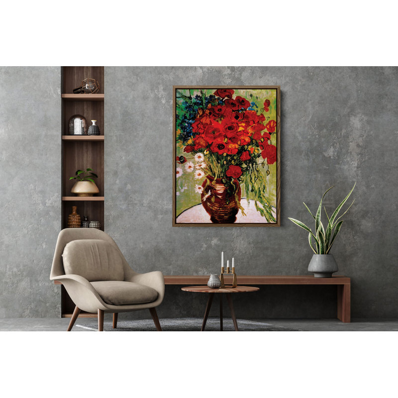 'Red Poppies and Daisies' by Vincent Van Gogh, Red Flowers in Jar Fine Art Gallery Canvas Print, 14" H x 18" W, Dark Brown