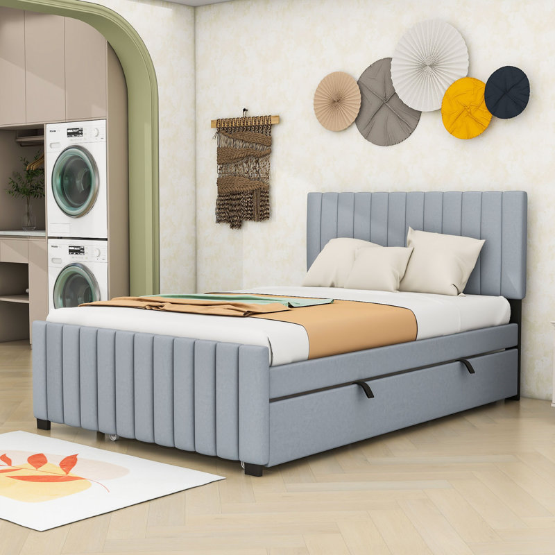 Lit plateforme tapissier avec lit gigogne et tête de lit, Double, gris