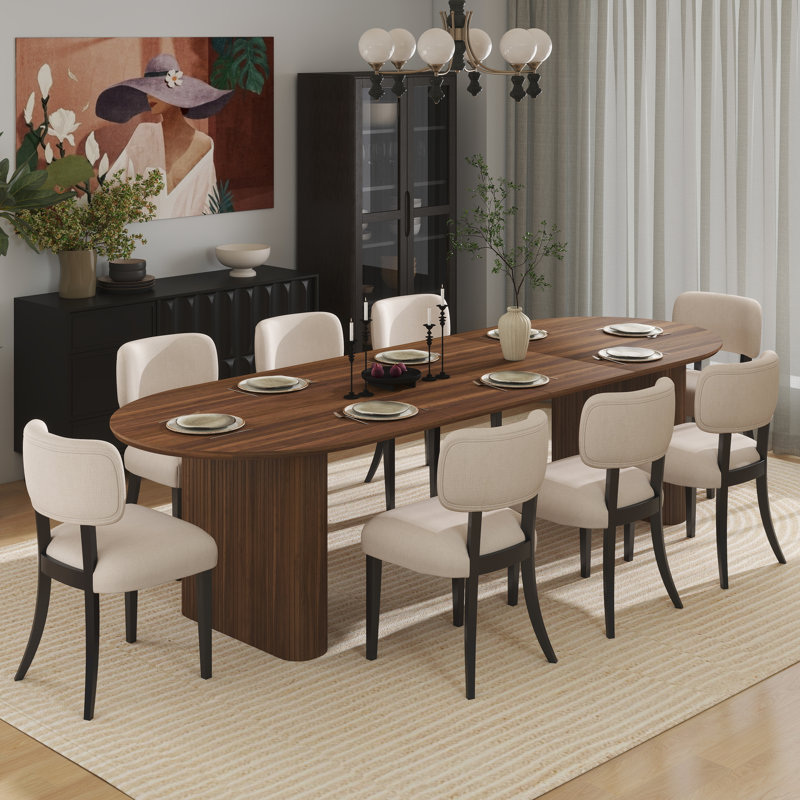 Modern Farmhouse 59.06" to 90.55" Wood Extendable Dining Table Set For Dining Room Kitchen, 9 Pieces: Table, 8 Chairs, Walnut