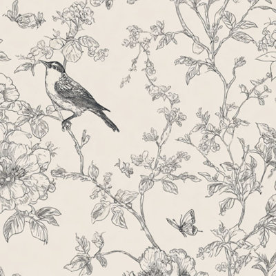 Peel and Stick Wallpaper Intricate Floral Bird Line Art Beige Contact Paper Removable Self Adhesive Wall Mural Wall Decor for Bedroom Kitchen Cabinets 24in x 118in