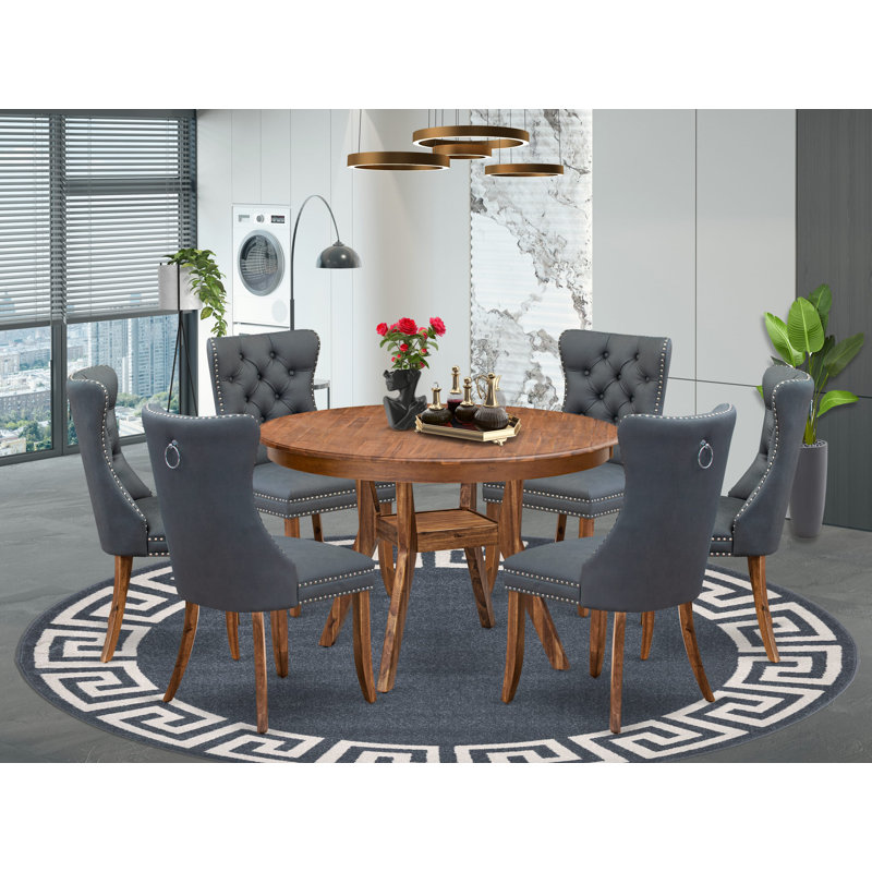 Ensemble de table à manger moderne 7 pièces comprenant une table et 6 chaises en tissu de polyester gris platine avec dossier capitonné - Finition noyer antique