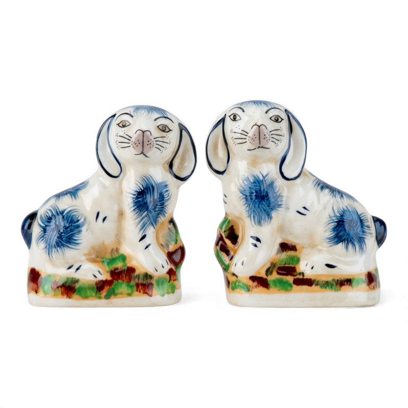 Small Blue Staffordshire Style Bunny Figurines Pair, Blue/White/Beige