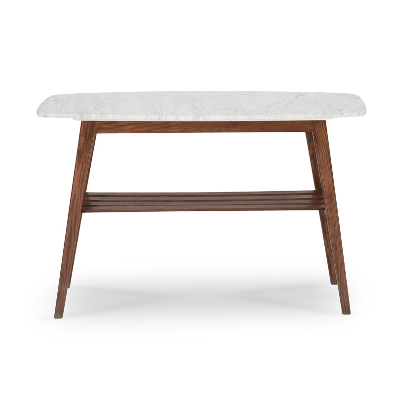 Beppe 43" Rectangular Italian Carrara White Marble Console Table With Walnut Shelf