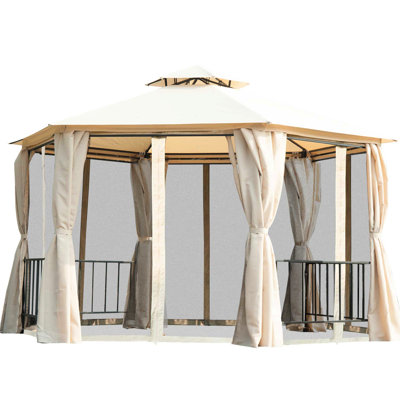 13' X Patio Gazebo With Ample Space - Double Roof Hexagon Outdoor Canopy Netting & Curtains, Steel Frame, Beige For Shelter Solid