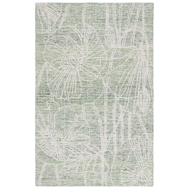 Heatherlynn Hand Tufted Wool/Cotton Floral Rug in Green/Ivory, Rectangle 5' x 8'