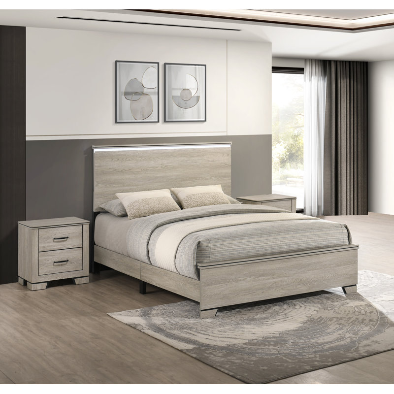 Ensemble de chambre à coucher rustique avec tête de lit à DEL, Grège, Trois articles : lit, deux tables de chevet, Très grand