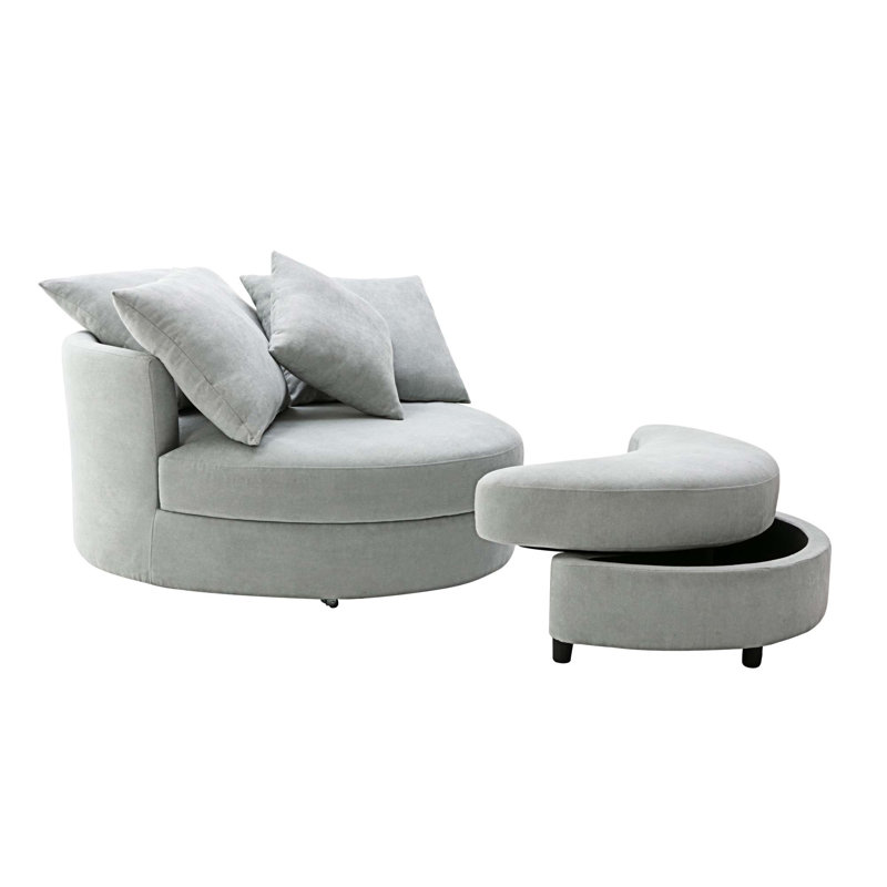 Edene 360° Swivel Accent Barrel Chair,bedroom chair with Storage Ottoman & 4 Pillows, Beacon Gray 100% Linen
