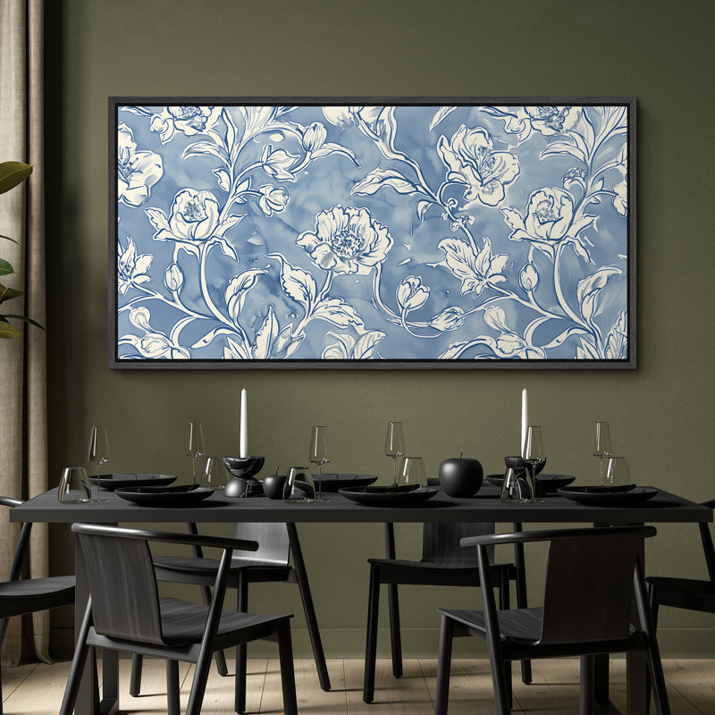 Motif botanique floral bleu et blanc rétro - grande impression sur toile encadrée de chambre à coucher principale, Noir
