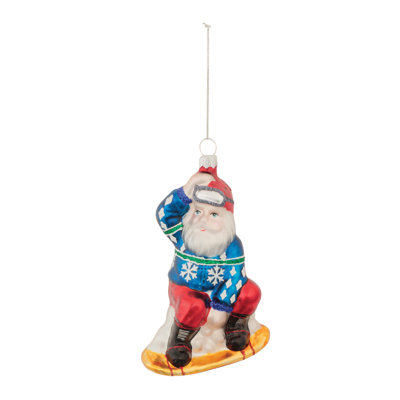 Glass Snowboarding Santa Ornament