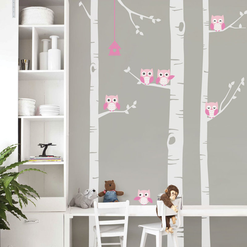 Décalcomanie murale arbre bouleau avec owls, H 96 po x l 67 po, Gris / blanc / rose