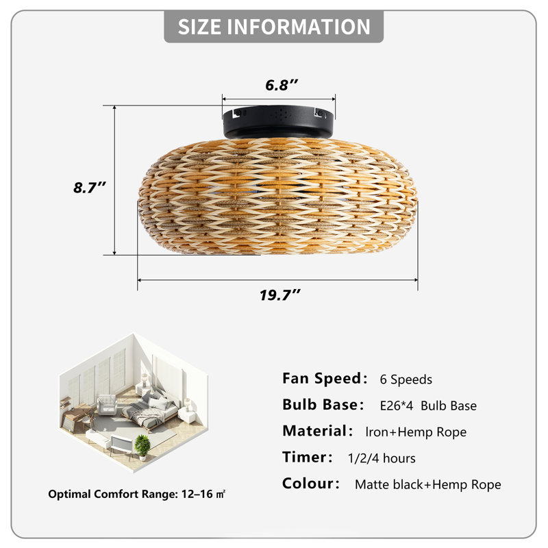 Ventilateur de plafond en papier 19,7 po avec lumière encastrée (PAS Inculde Blub) encastré, télécommande, profil bas fermé 6 vitesses