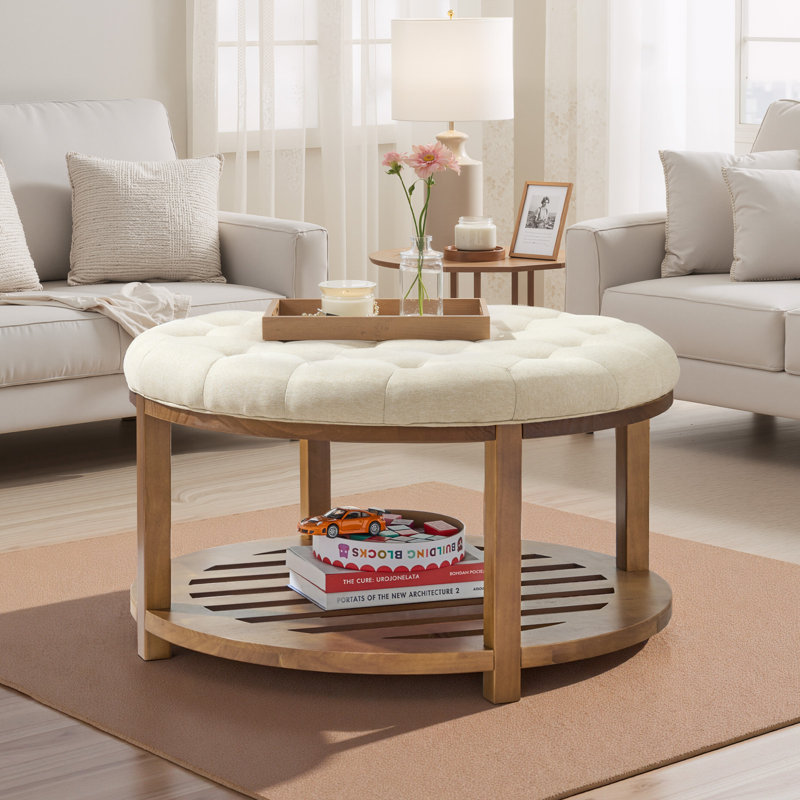 Grande table basse ronde avec repose-pieds capitonné en lin 31,9 pouces