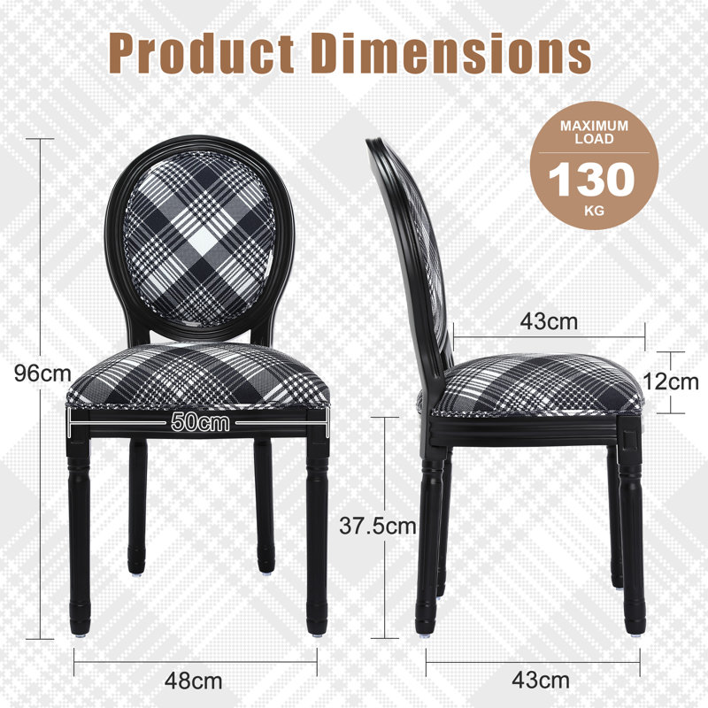 French Dining Chairs Set of 2,French Country Dining Chairs,Black Wood Legs,Classical Plaid Motifs on Round Linen Back,for Kitchen, Plaid White Black