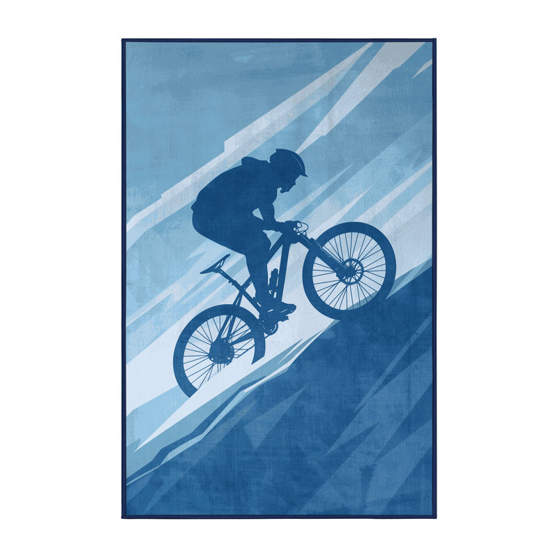Soft Plush Edens Mountain Bike Modern & Contemporary Area Rug in Blue – Navy Binding, 2x3