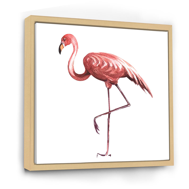 Flamant rose sur une patte - reproduction sur toile, H 16 po x l 16 po x P 1 po, Cadre flottant en érable
