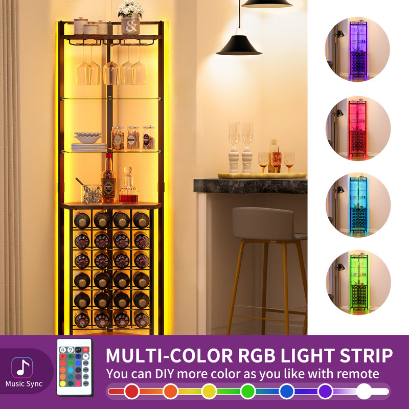 Samontha 67" Height Corner Bar Cabinet with LED Light and Outlet, Freestanding Corner Wine Rack with 6 Tier Wine Rack and Goblet Rack
