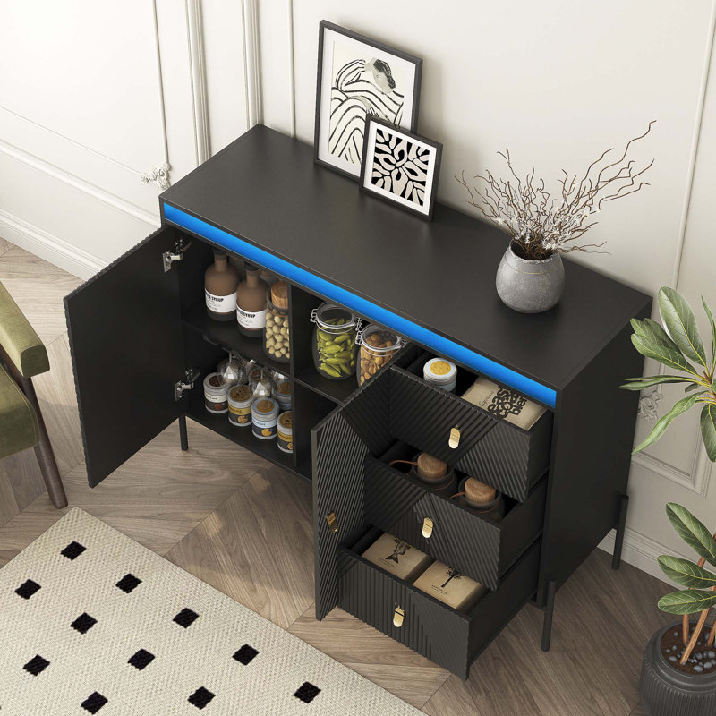 Buffets et buffets, armoire cannelée, 2 portes et 3 tiroirs, avec lumières à DEL, buffet noir Acceent - armoire élégante idéale pour la salle à manger et le rangement de la cuisine
