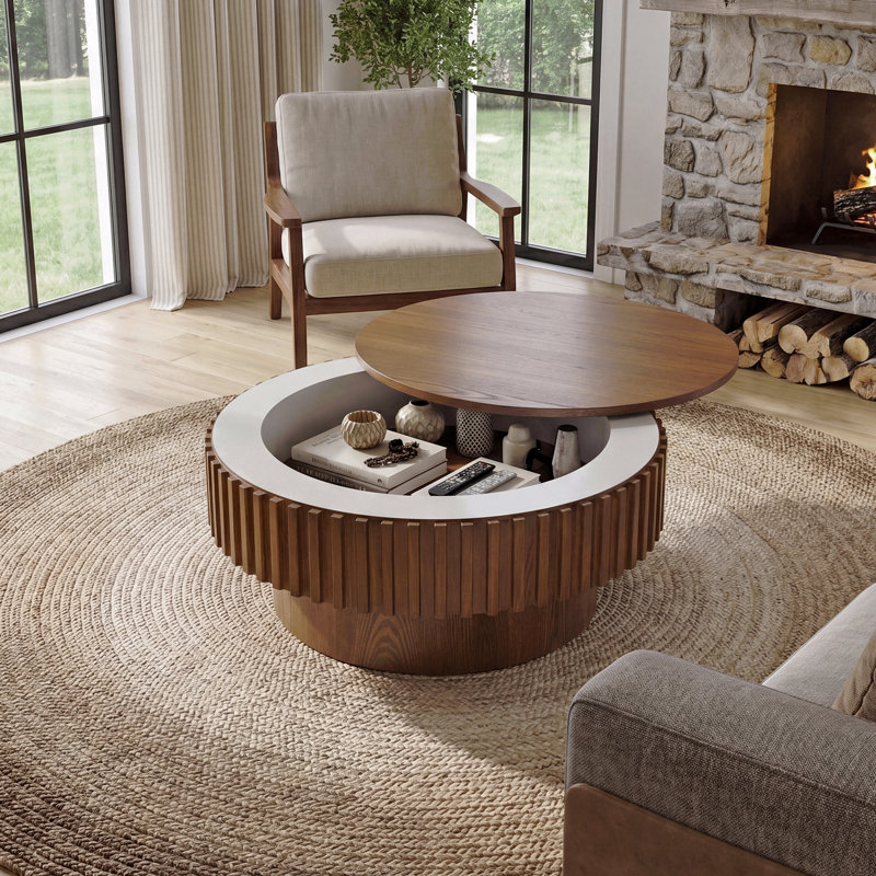 Table basse cylindrique ronde de 31,5 pouces avec rangement caché amovible, table de cocktail nervurée en bois massif, table de centre au fini noyer de ferme pour le salon