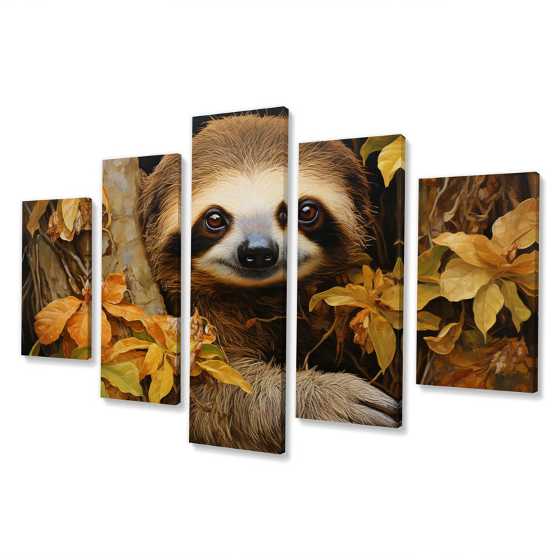 Paresseux sur branche Serenity II - décoration murale animaux - 5 panneaux