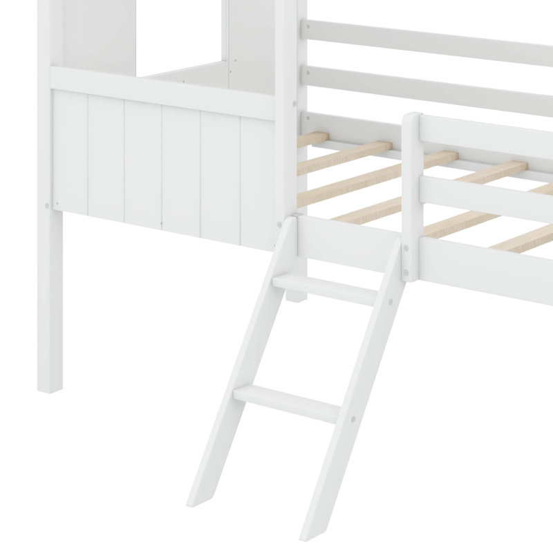 Lit simple mezzanine basse en bois avec deux fenêtres latérales, Blanc