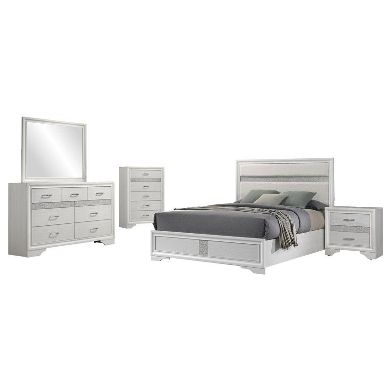 Annie White 5-piece Full Bedroom Set, 5 Pcs: Bed, Nightstand, 2 Dressers, Mirror