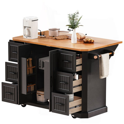 56 Inch Kitchen Island With Rubber Wood Veneer Drop Leaf, Power Outlet, 4 Door Shelves, Embossed Vertical Stripe Rolling Kitchen Cart On 4 Wheels With 6 Deep Drawers For Kitchen, Dining Room