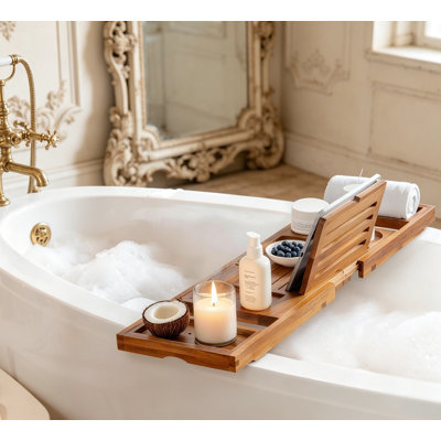 Expandable Teak Bathtub TrayFoldable Caddy with Wine Glass Holder Phone and Book Stand for Luxury Bathroom
