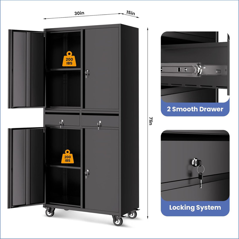 Metal Storage Cabinet, 73 Inch Garage Storage with Locking Doors and Adjustable Shelves, Heavy Duty Tool Cabinet with 2 Drawers