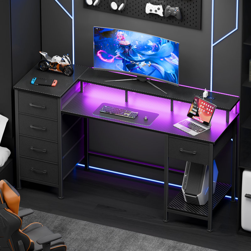 Computer Desk with Monitor Stand & Charging Station, Gaming Desk with LED Lights & Drawers, 29.8" H x 47.2" W x 18.8" D