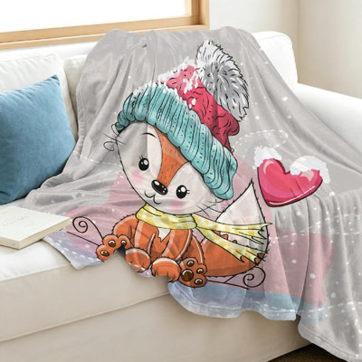Jeté en molleton rose ultra doux, mignonne caricature d'un renard tricoté