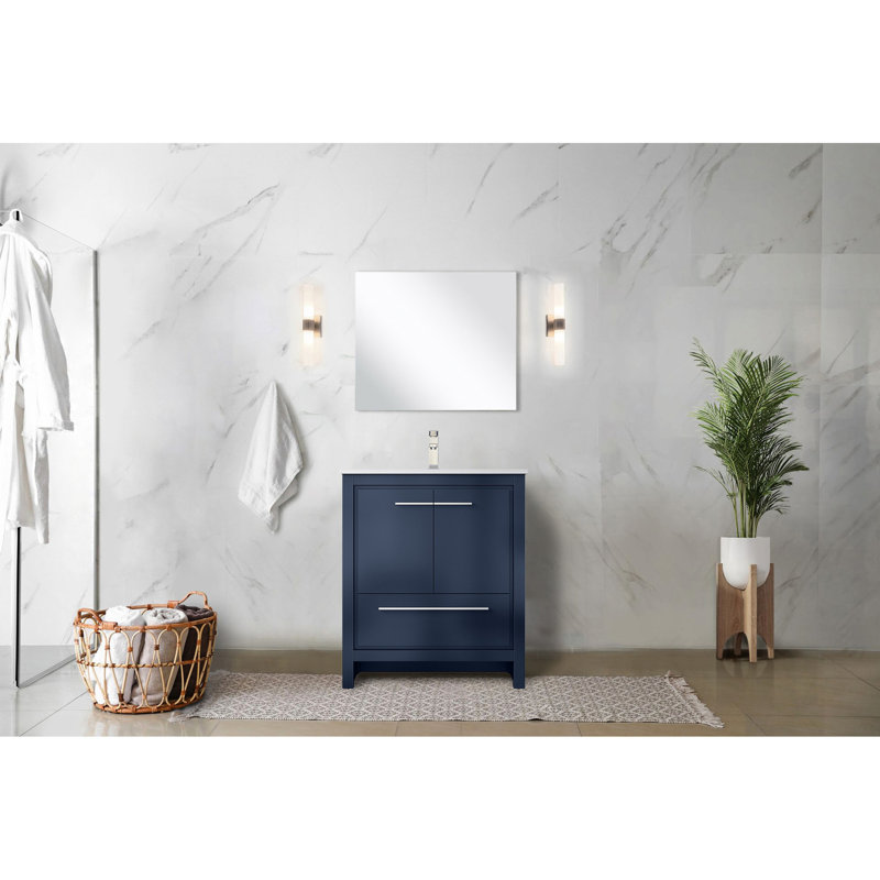 Meuble-lavabo bleu marine 30 po x 20 po - comptoir en quartz blanc, structure en bois massif, fermeture en douceur, égratignure et teinture, armoire et tiroirs intérieurs pour le rangement, baignoire avec comptoir