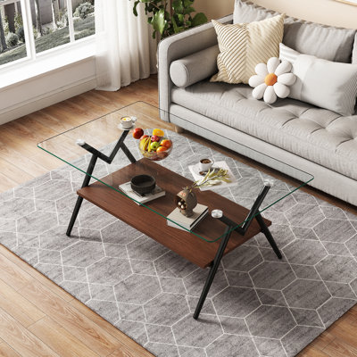 Table basse rectangulaire avec plateau en verre trempé et tablette en bois aggloméré brun