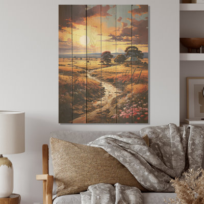 Coucher de soleil sur la campagne, "Bliss", art mural sur bois de pin naturel