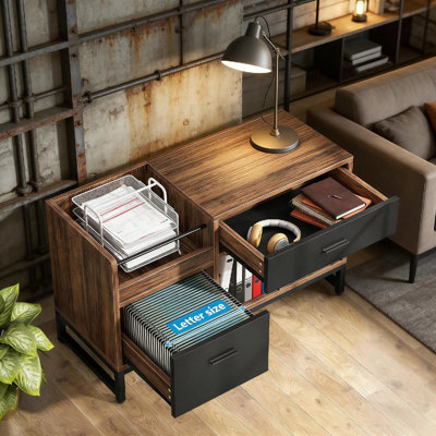 Classeur latéral rustique, meuble de rangement pour bureau à domicile avec 2 tiroirs et compartiments ouverts, support d'imprimante à structure métallique pour bureau ou salon