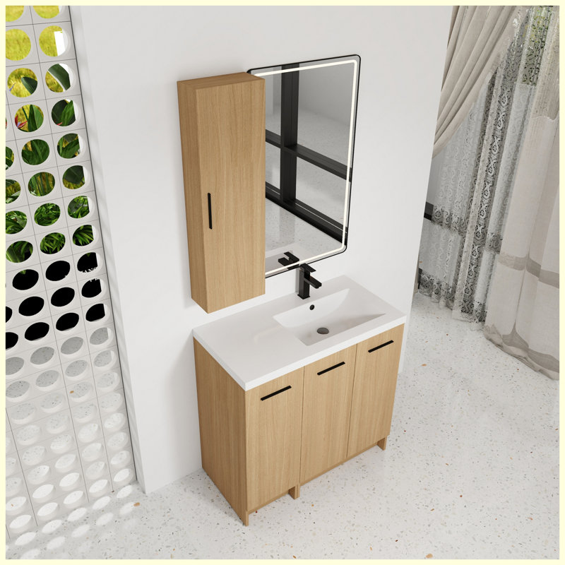 Ensemble de meuble-lavabo sur pied 36 po avec armoire à linge haute, rangement à 3 portes, lavabo simple en résine, finition chêne clair
