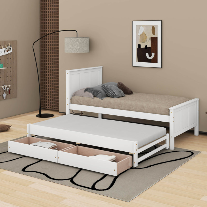 Lit plateforme simple avec tiroirs et lit gigogne, Blanc