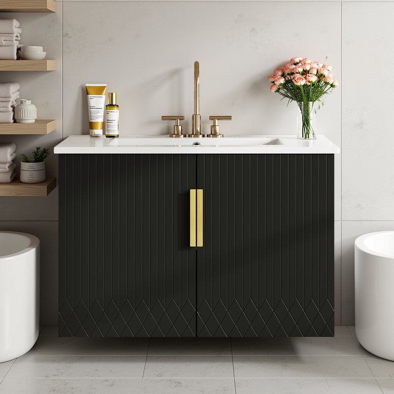 Meuble-lavabo mural 30 po avec lavabo en céramique, portes doubles et tablette réglable, Noir
