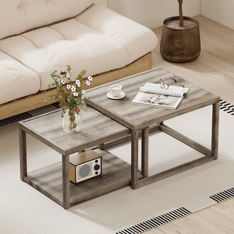 Ensemble de 2 tables basses gigognes empilables avec tablette de rangement